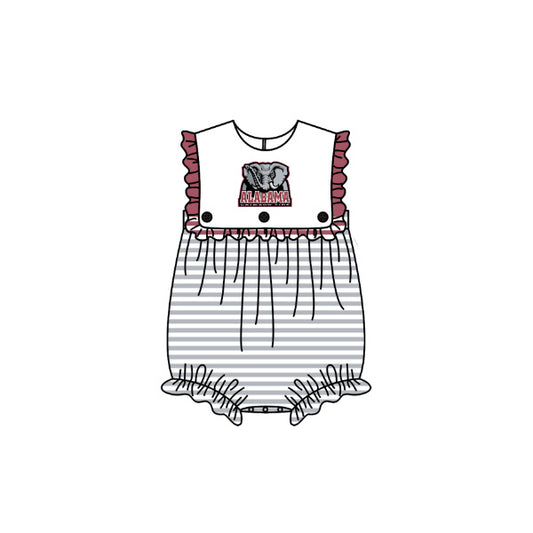 Preorder (moq 5)Baby Girls Sleeveless Grey Stripe Alabama Team Ruffle Rompers