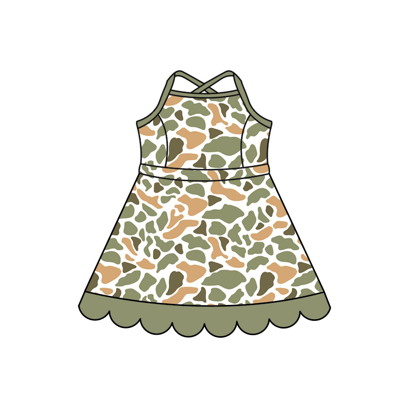 Preorder (moq 5)Baby Girls Strap Southern Orange Camo Scallop Knee Length Dresses