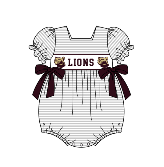 Preorder (moq 5)Baby Girls Lions Bows Stripe Team Ruffle Rompers