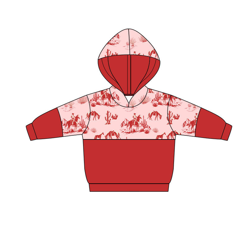 Preorder(moq 5) Baby Girls Red Long Sleeve Cactus Horse Rodeos Western Hoodies Top