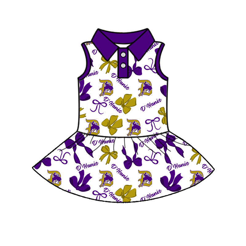 Preorder (moq 5)Baby Girls Purple Sleeveless Horse Rodeos Bows Plaid Button Team Knee Length Dresses