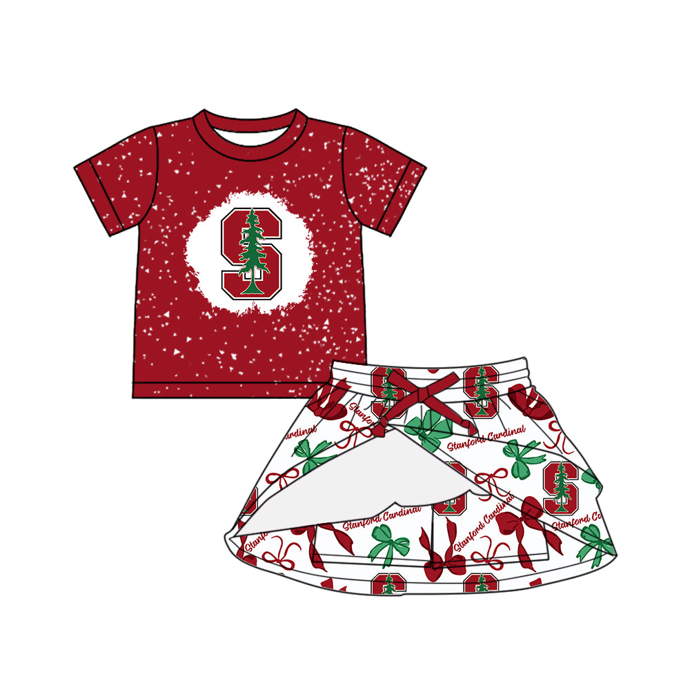 Preorder (moq 5)Baby Girls Red Short Sleeves Stanford Cardinal Top Bows Plaid Skorts Team Set