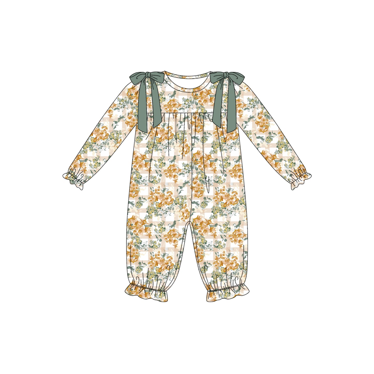 Preorder (moq 5)Baby Girls Long Ruffle Sleeve Flowers Checked Pant Rompers