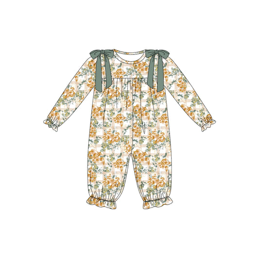 Preorder (moq 5)Baby Girls Long Ruffle Sleeve Flowers Checked Pant Rompers