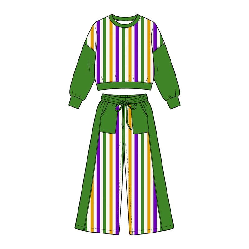 Preorder (moq5) Girl Clothes Mardi Gras Stripe Color Block Crop Sweatshirt Wide Leg Pants Set