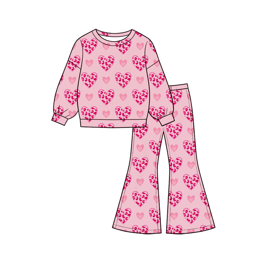 Preorder (moq 5) Baby Girl Clothes Valentine Pink Leopard Small Heart Print Long Sleeve Flare Pant Set