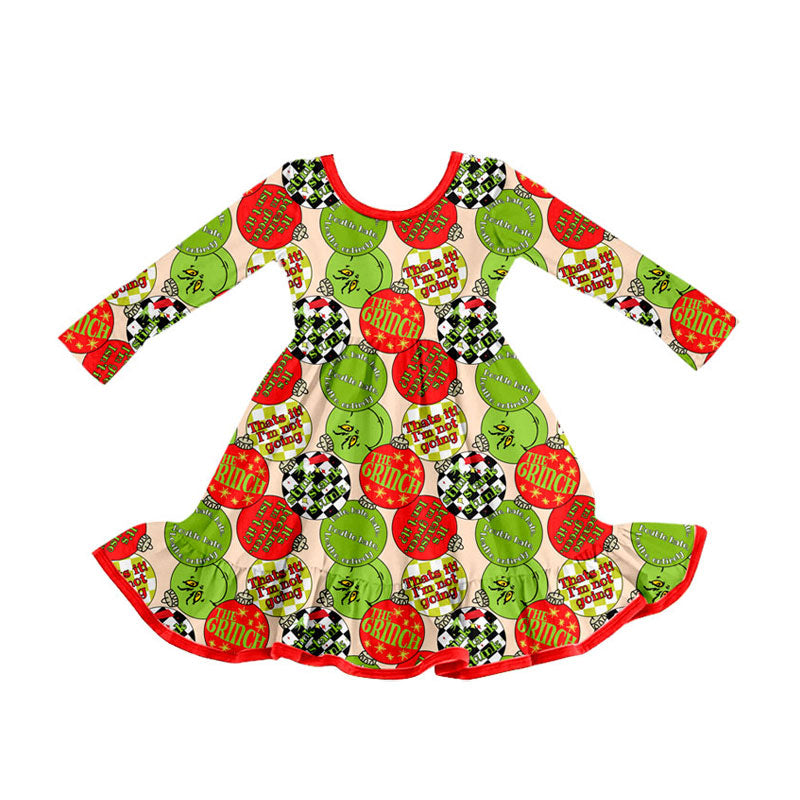 Preorder (moq 5)Baby Girls Green Red Lights Christmas Ruffle Knee Length Dresses