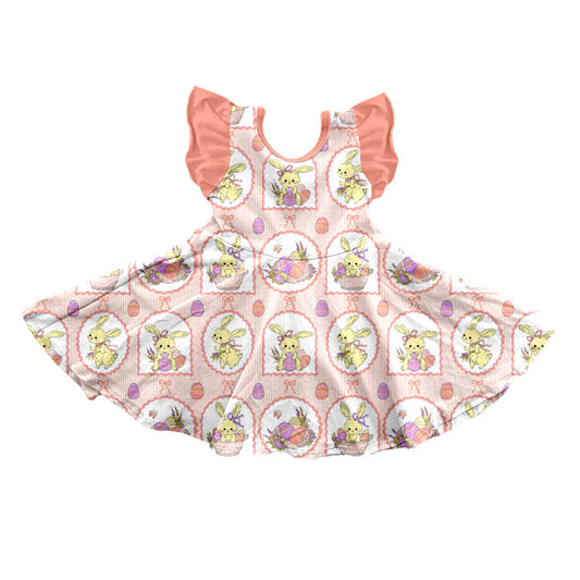 Preorder (moq 5) Baby Girl Clothes Easter Bunny Basket Frame Mixed Print Short Sleeve Twirl Dress