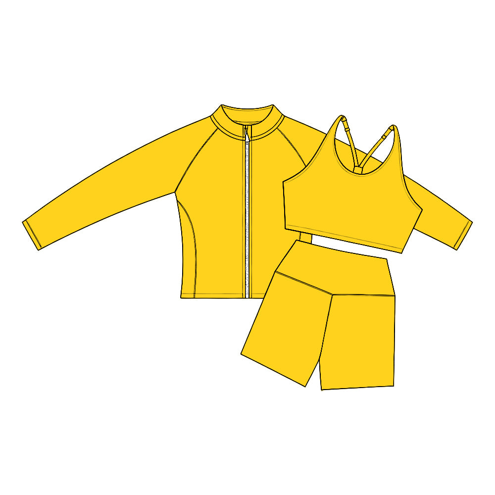 Preorder (moq 5) Baby Girl Clothes Solid Yellow Print Long Sleeve Zip Jacket Tank Biker Short Yoga Set