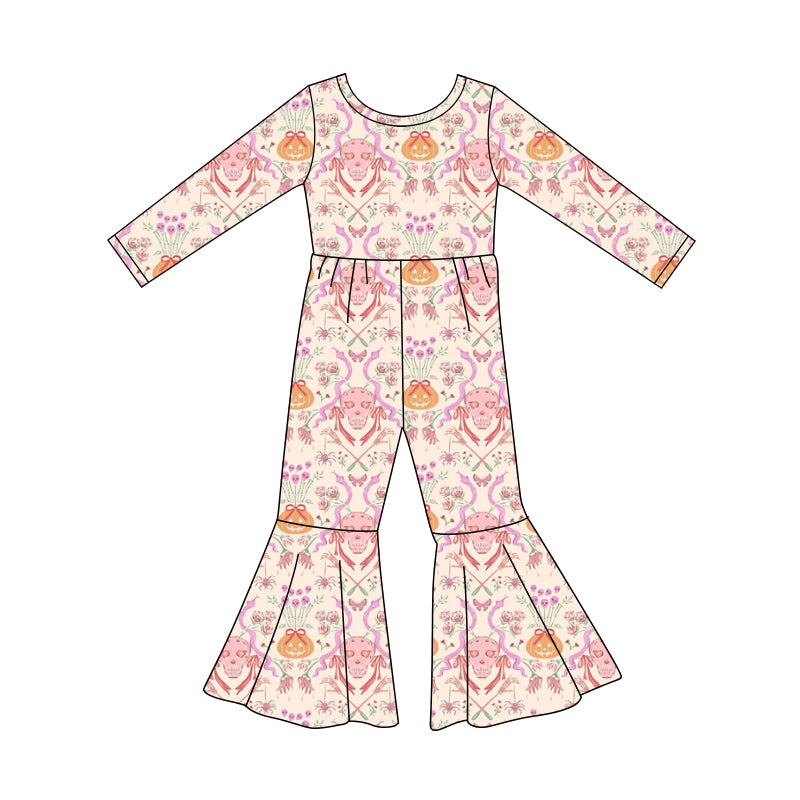 Preorder (moq 5)Baby Girls Ghost Pumpkins Flowers Bell Bottom Halloween Jumpsuits