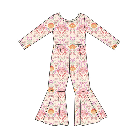 Preorder (moq 5)Baby Girls Ghost Pumpkins Flowers Bell Bottom Halloween Jumpsuits