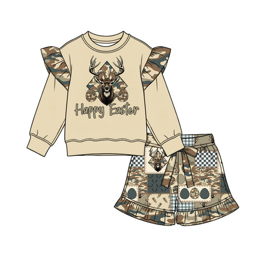 Preorder (moq 5) Baby Girl Clothes Happy Easter Deer Camo Patchwork Print Long Sleeve Ruffle Top Ruffle Short Set