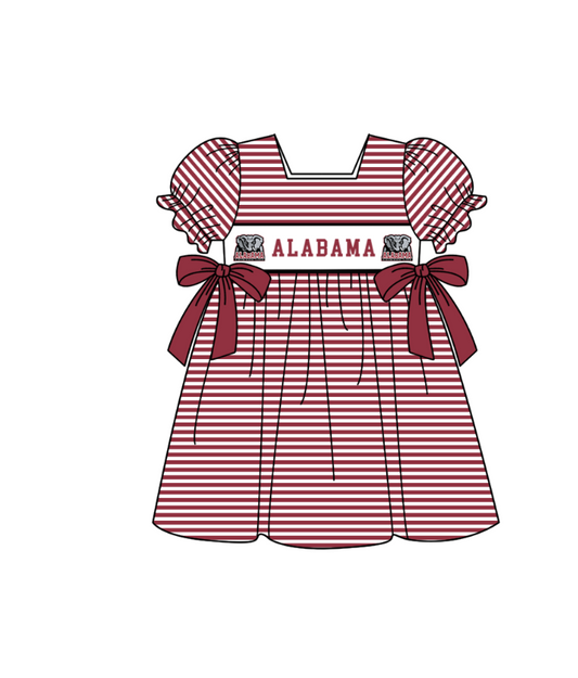 Preorder (moq 5)Baby Girls Red Short Ruffle Sleeve Alabama Stripe Team Knee Length Dress