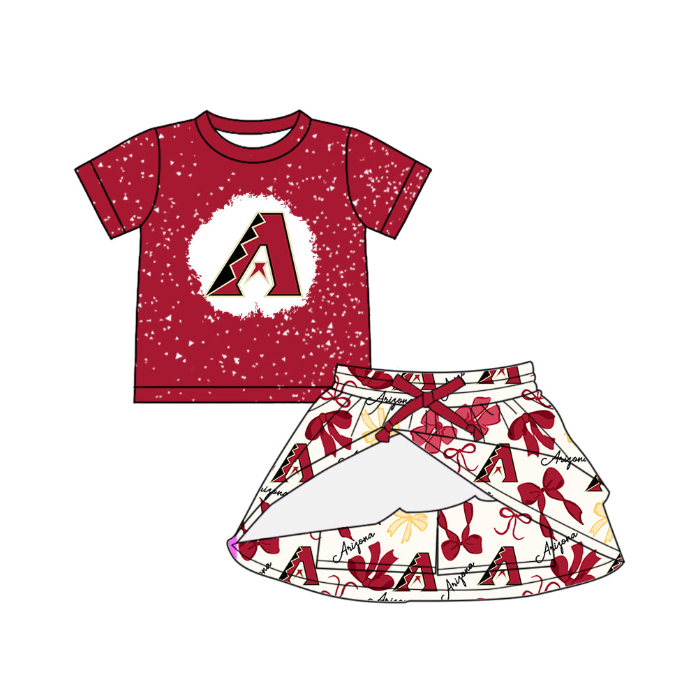 Preorder (moq 5)Baby Girls Red Short Sleeves A Top Bows Plaid Skorts Team Set
