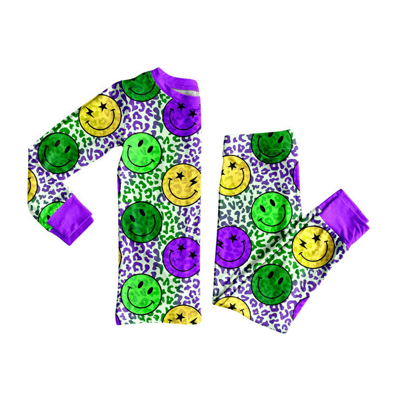 Preorder (moq 5)Baby Boys Mardi Gras Purple Yellow Green Smiles Leopard Pajamas Sets