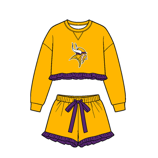 Preorder (moq 5)Baby Girls Yellow Long Sleeve Vikings Top Ruffle Short Team Clothes Set
