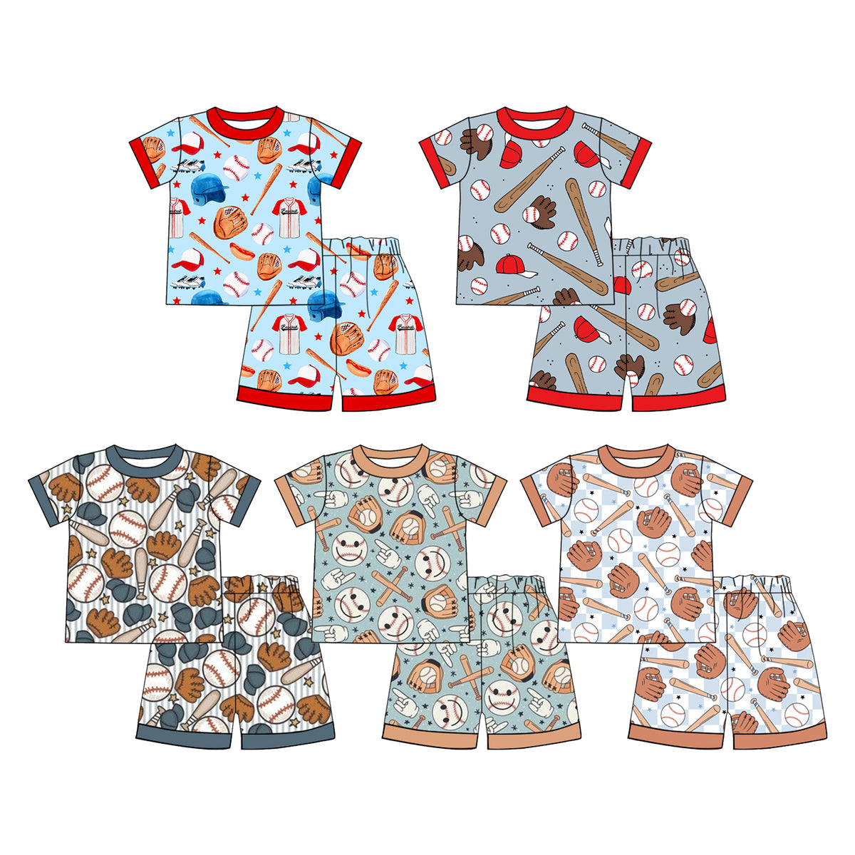 Preorder (moq 5) Baby Boy Clothes Blue Checker Baseball Glove Bat Mixed Print Short Sleeve Tee Shorts Set