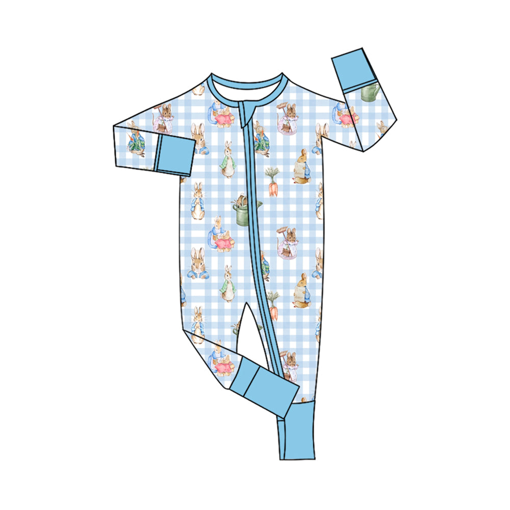 Preorder (moq 5) Baby Boy Clothes Easter Blue Gingham Rabbit Garden Print Long Sleeve Zipper Romper