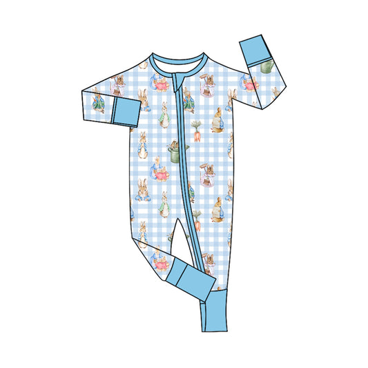 Preorder (moq 5) Baby Boy Clothes Easter Blue Gingham Rabbit Garden Print Long Sleeve Zipper Romper
