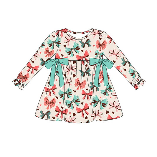 Preorder(moq 8)Baby Girls Colorful Hearts Bows Valentine Ruffle Knee Length Dresses