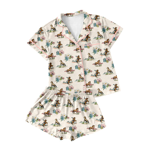 Preorder(moq 5)Adult Women Rodeo Flowers Buttons Tee Shirts Shorts Pajamas Sets