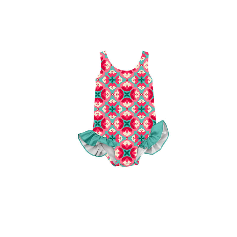 Preorder(moq 5) Baby Girls Flowers Checked Ruffle Swimsuits
