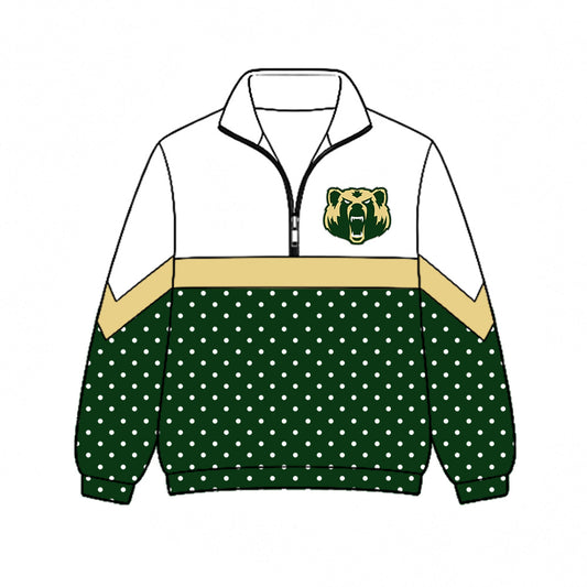 Preorder (moq 5)Baby Boys Green Polka Dots Bears Team Zip Pullovers Top