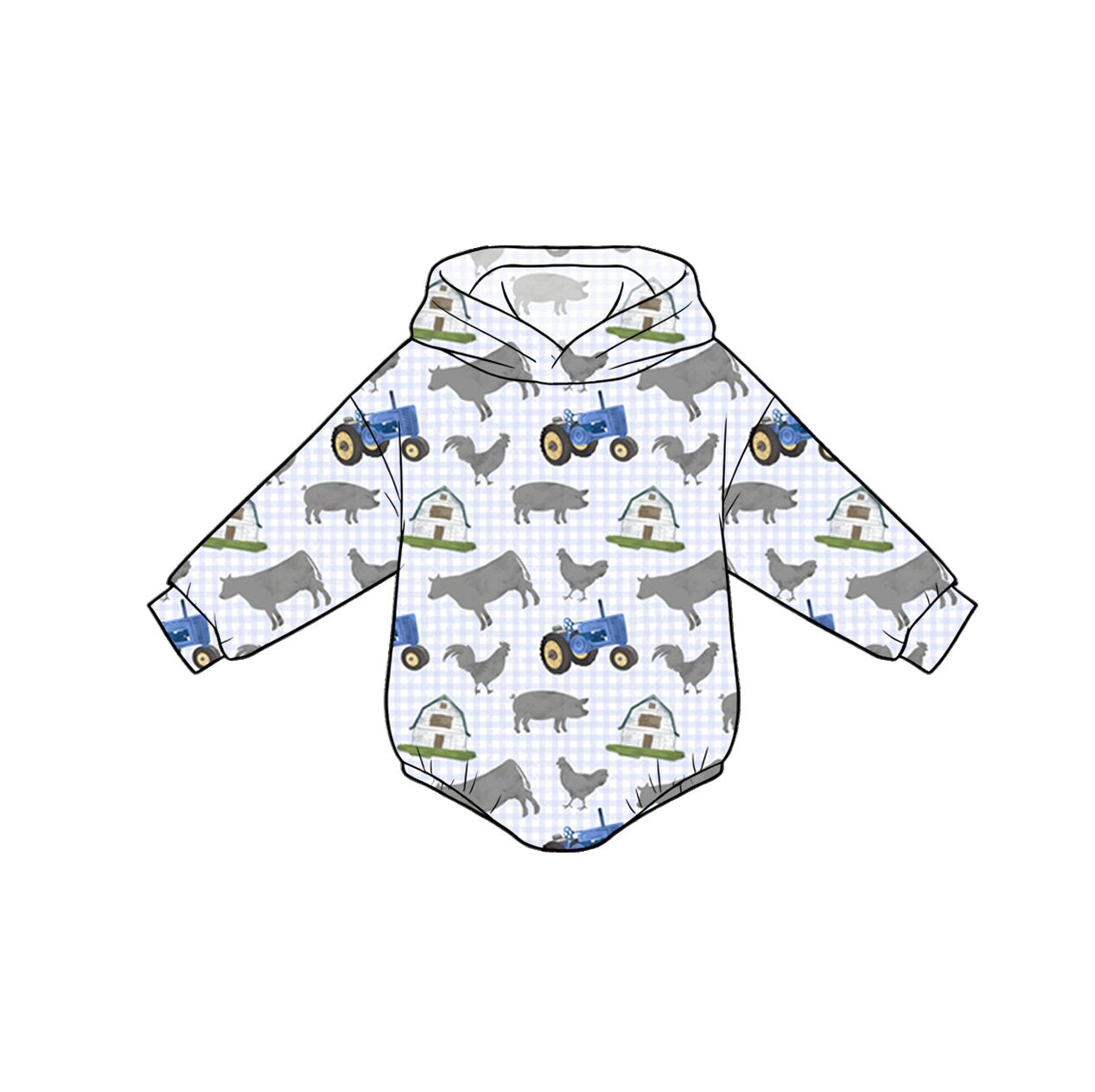 Preorder (moq 5)Baby Boys Long Sleeve Pigs Cows Farm Hoodie Rompers