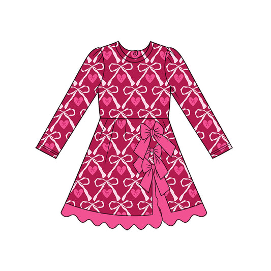 Preorder (moq 5) Baby Girl Clothes Burgundy Bow Heart Allover Print Long Sleeve Scallop Hem Dress