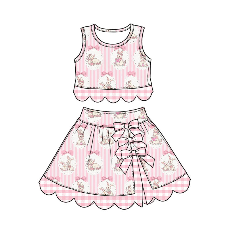 Preorder (moq 5) Baby Girl Clothes Easter Bunny Bow Pink Stripe Print Sleeveless Crop Top Bow Skirt Outfit Set