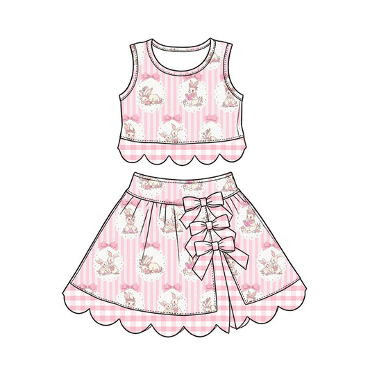 Preorder (moq 5) Baby Girl Clothes Easter Bunny Bow Pink Stripe Print Sleeveless Crop Top Bow Skirt Outfit Set