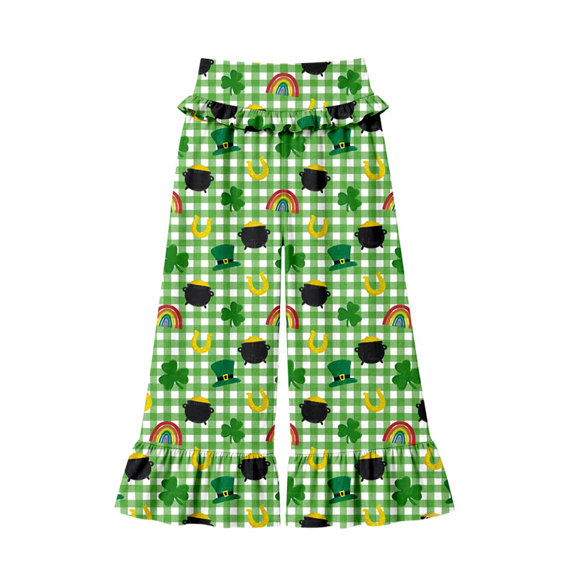 Preorder (moq 5) Women Clothes St Patricks Pot Of Gold Rainbow Gingham Print High Waist Ruffle Hem Wide Leg Pants