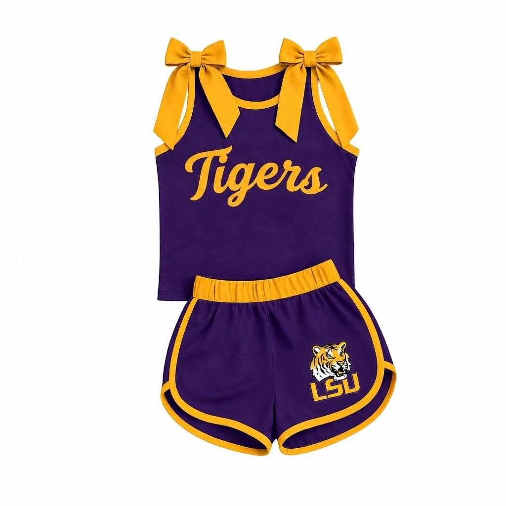 Preorder (moq 5)Baby Girls Tigers Bows Sleeveless Top Shorts Team Clothes Sets
