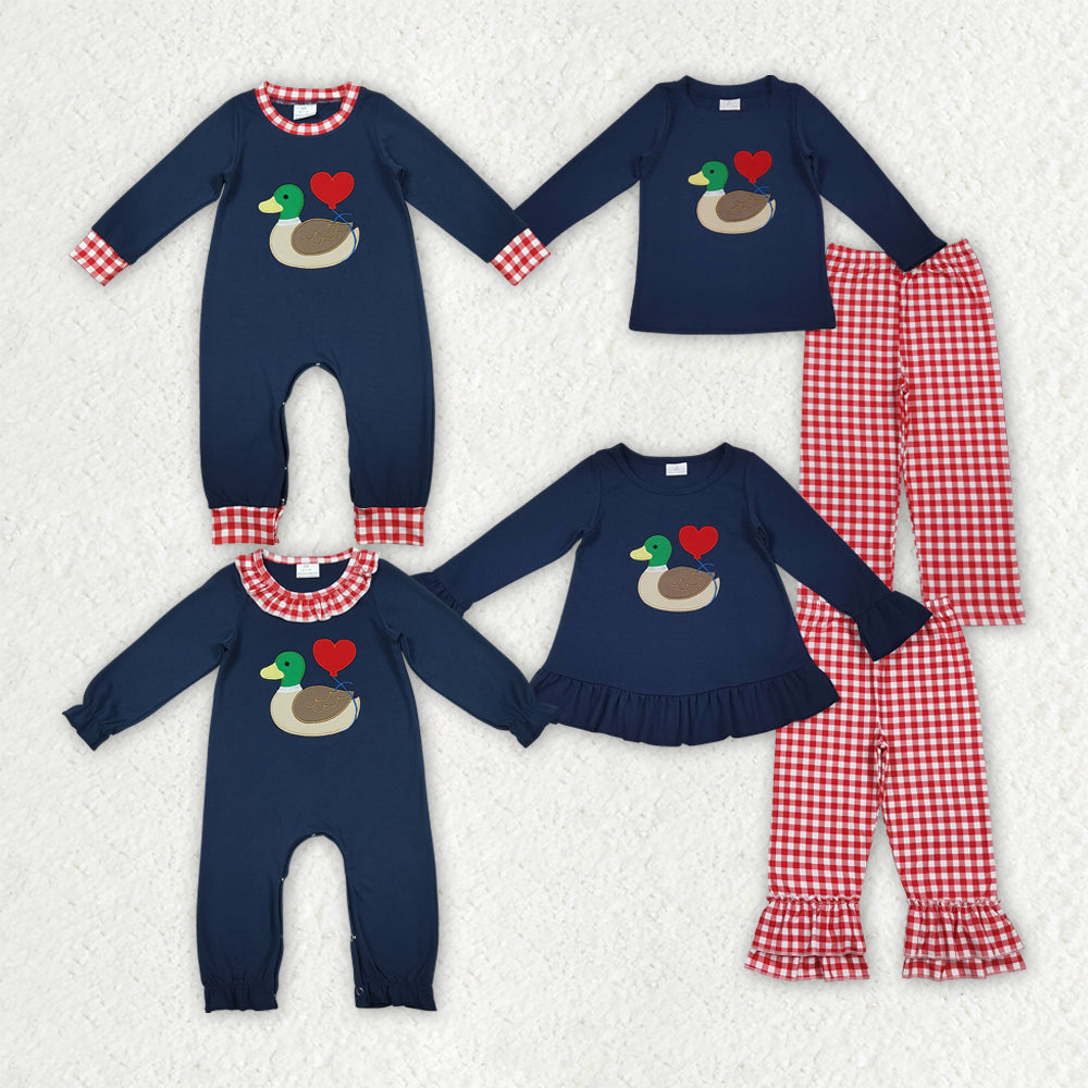 Sibling Baby Boys Girls Embroidery Duck Hearts Red Checked Pant Valentines Clothes Sets Footie Rompers