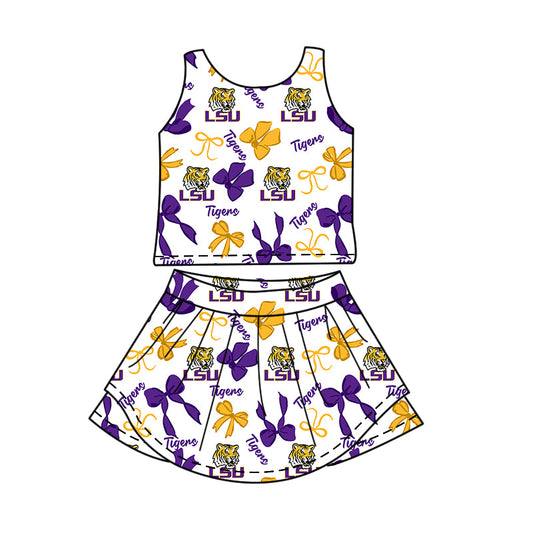 Preorder (moq 5)Baby Girls Sleeveless LSU Tigers Bows Top Skirt Shorts Team Clothes Sets