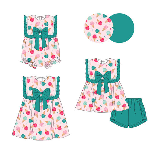 Preorder moq 5 Custom Baby Girls Green Sleeveless Ice Cream Bow Tunic Ruffle Short Set Knee Length Dress Rompers