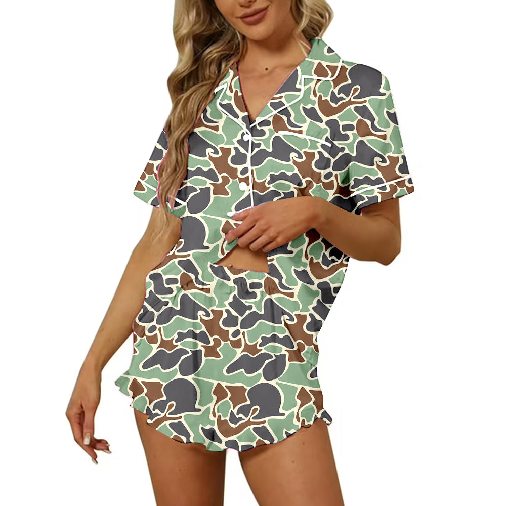 Preorder moq 5 Adult Women Green Camouflage Button Pocket Top Short Pajamas