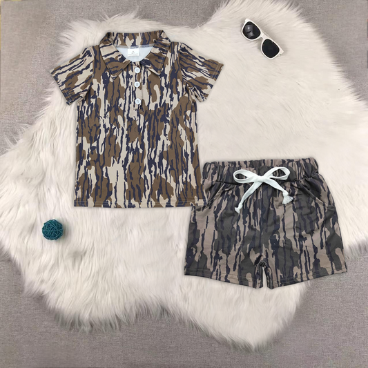 Baby Boys Short Sleeves Western Bottonland Camo Button Pullover Top Pockets Shorts Sets