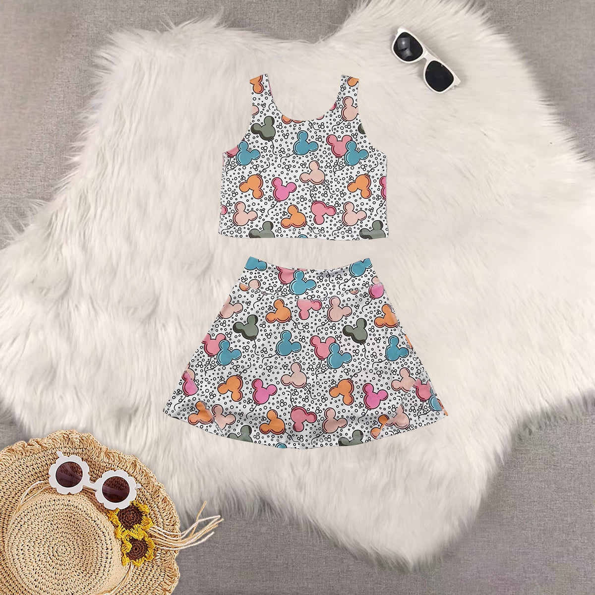 Sibling Baby Girls Cartoon Mouse Ducks Top Skorts Yoga Activity Wear Sets