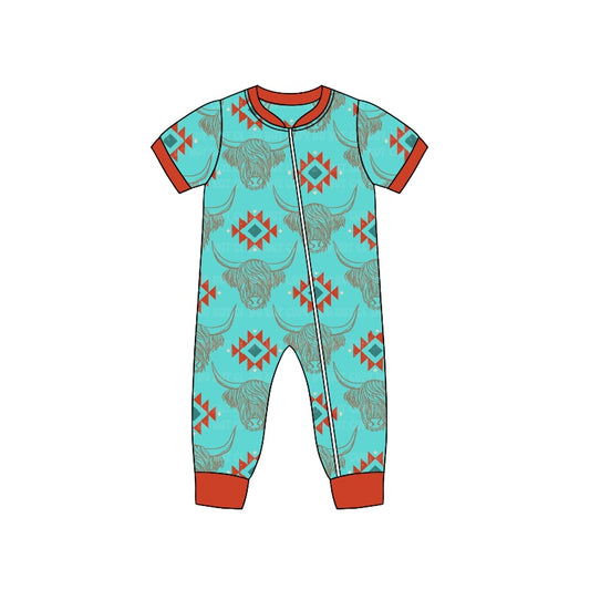 Baby Infant Boys Western Highland Cow Aztec Green Zip Rompers preorder(moq 5)