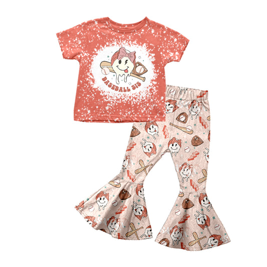 Baby Girls Baseball Sister Short Sleeve Top Bell Pants Clothes Sets Preorder(moq 5)