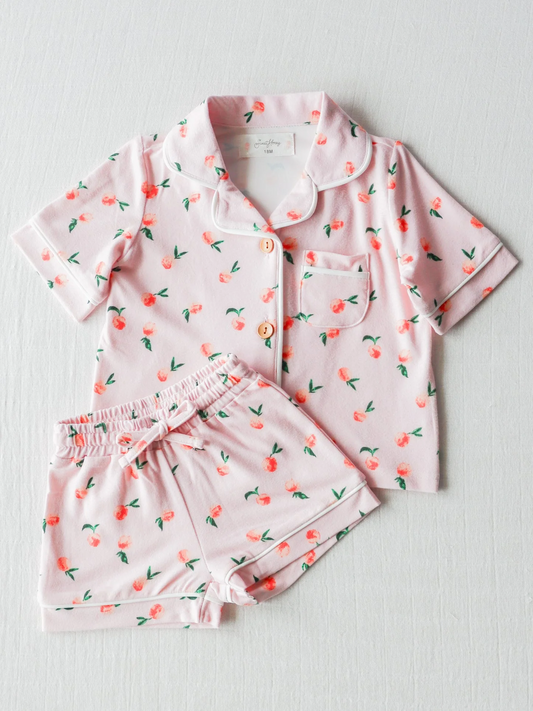 Baby Girls Pink Peach Buttons Top Shorts Pajamas Clothes Sets split order preorder May 26th