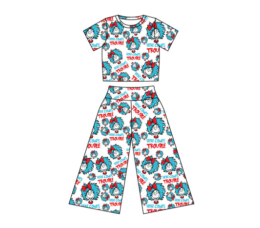 Preorder (moq 5)Baby Girls Dr Reading Trouble Top Bell Bottom Pants Clothes Sets