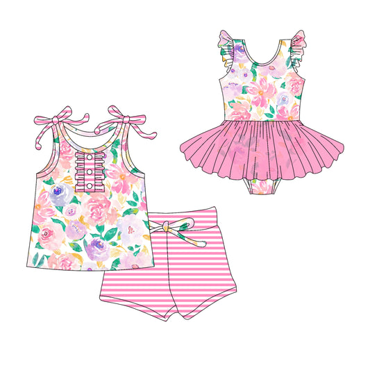Preorder moq 5 Custom Baby Girls Pink Strap Watercolor Floral Button Top Stripe Short Set Skort Bummise Romper