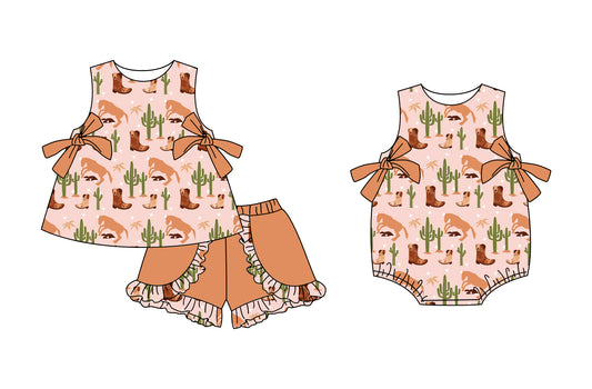 Preorder moq 5 Custom Baby Girls Sleeveless Boots Cactus Bows Tunic Brown Ruffle Short Set Rompers
