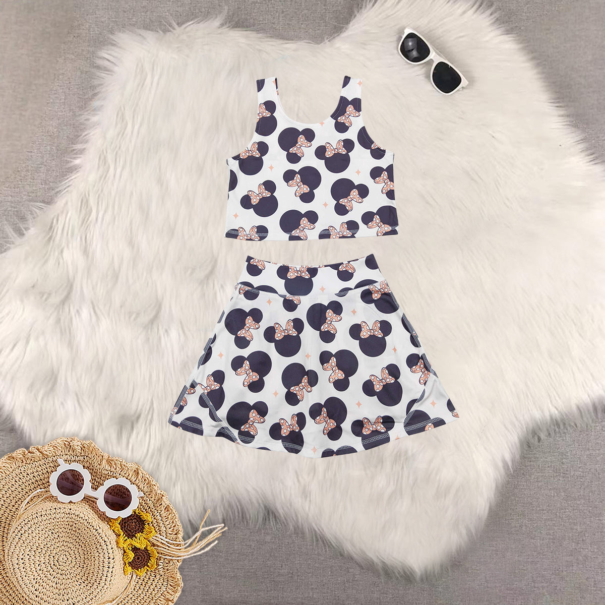 Sibling Baby Girls Cartoon Mouse Ducks Top Skorts Yoga Activity Wear Sets