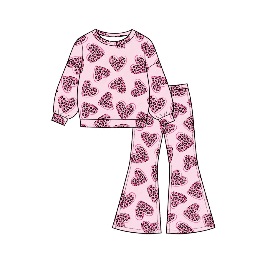 Preorder (moq 5) Baby Girl Clothes Valentine Light Pink Leopard Outline Heart Print Long Sleeve Flare Pant Set