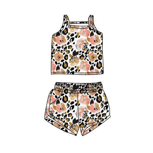 Preorder (moq 5)Baby Girls Leopard Flowers Straps Top Shorts Clothes Sets