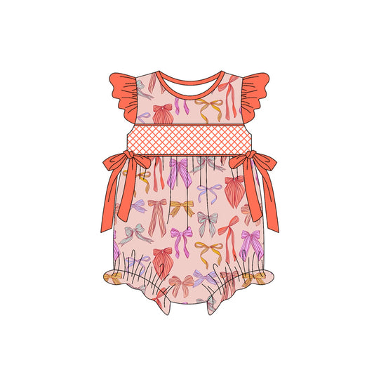 Preorder(moq 5)Baby Infant Girls Orange Flutter Sleeves Colorful Bows Ruffle Rompers