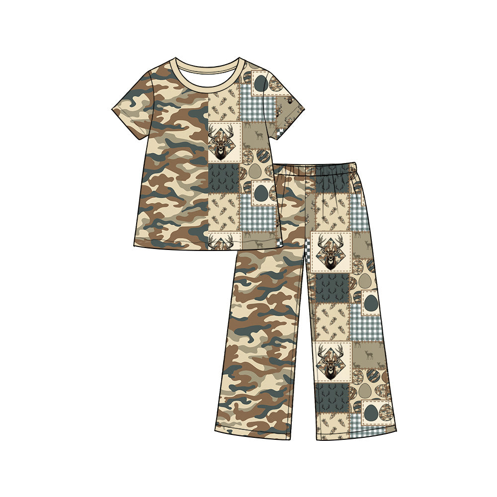 Preorder (moq 5) Baby Boy Clothes Easter Deer Camo Patchwork Print Short Sleeve Top Wide Leg Pant Set